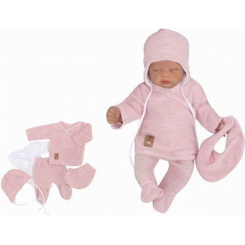 Z&Z 5-dielna pletená dojčenská súpravička so šatkou - ružová, biela